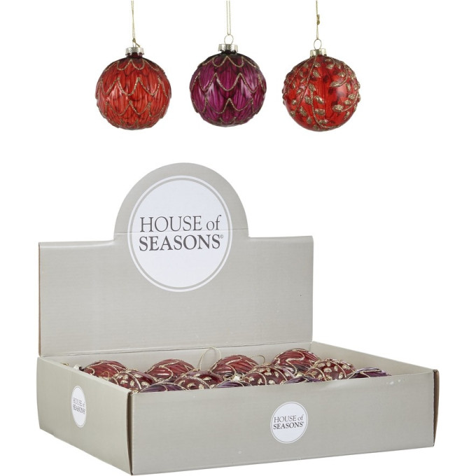 Набор HOUSE OF SEASONS, 12 шт. Стеклянных шаров, диам. 8см, красный/сливовый, 3 вида 84006